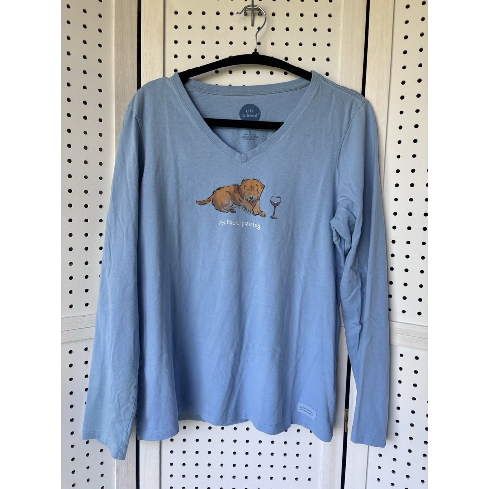 Life Is Good Crusher Tee V Neck Women's M Long SLV Dog Wine Perfect Pairing - Picture 1 of 6